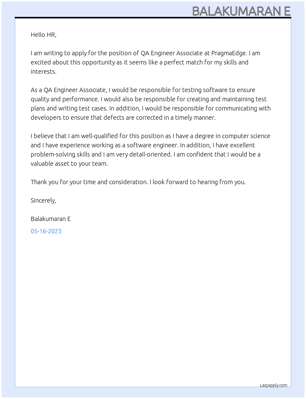 QA Engineer Associate At PragmaEdge Cover Letter