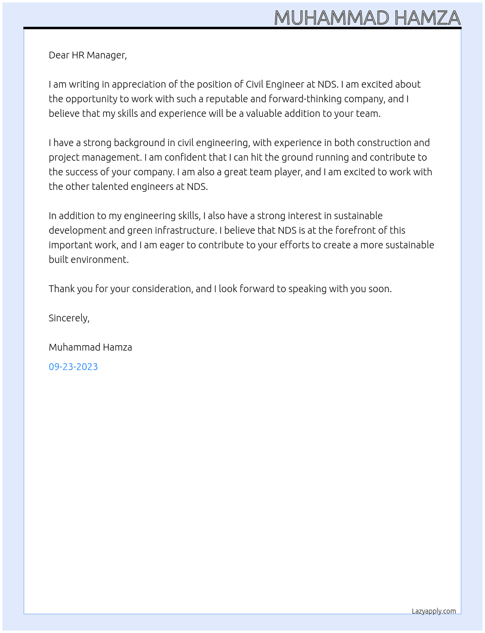 Civil Engineer At NDS Cover Letter