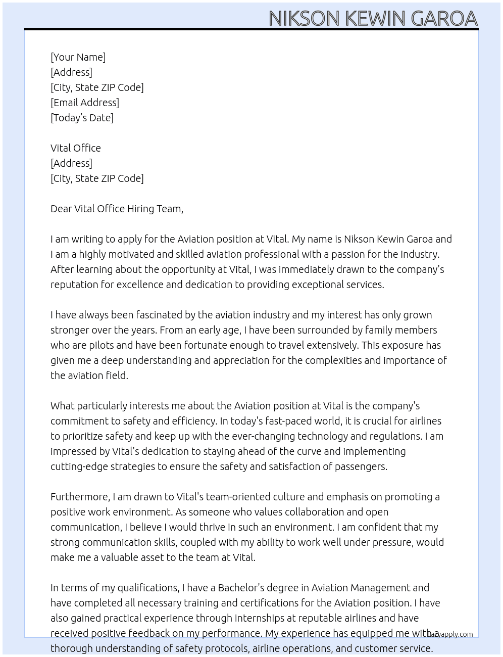 Aviation At Vital Cover Letter