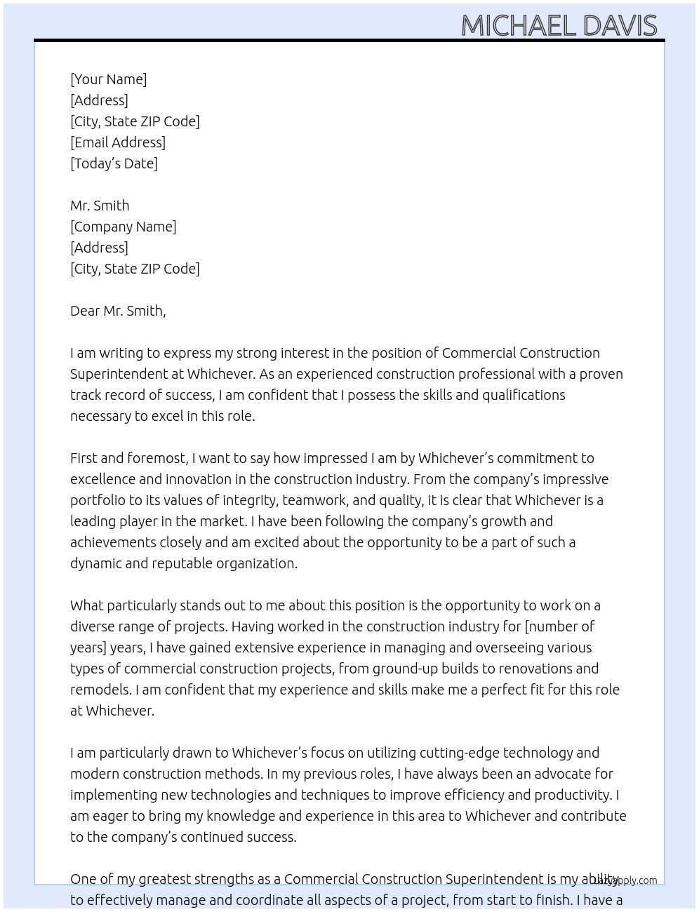 Commercial Construction Superintendent At Whichever Cover Letter