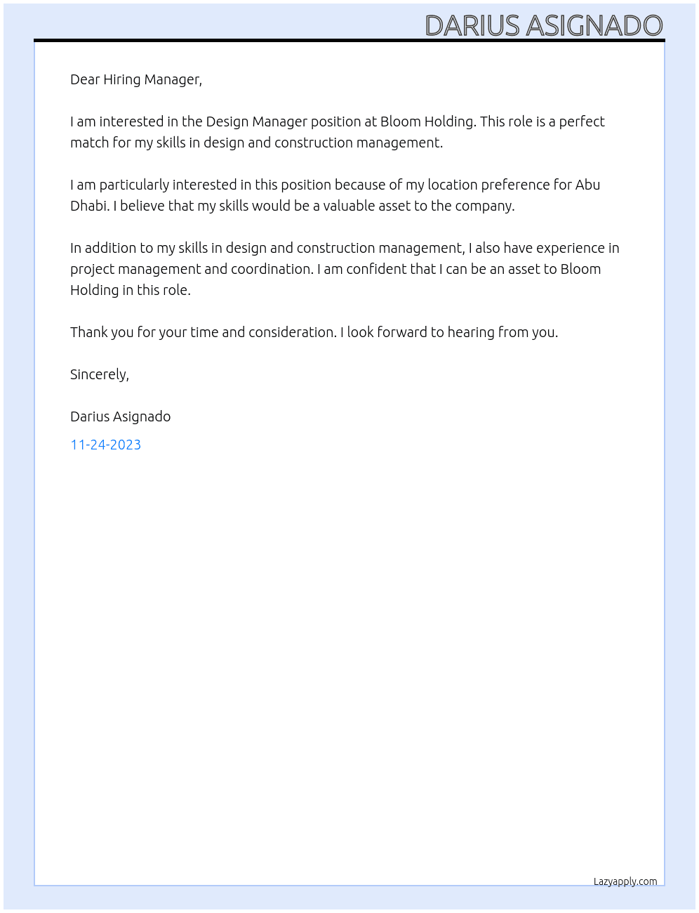 Design Manager At Bloom Holding Cover Letter