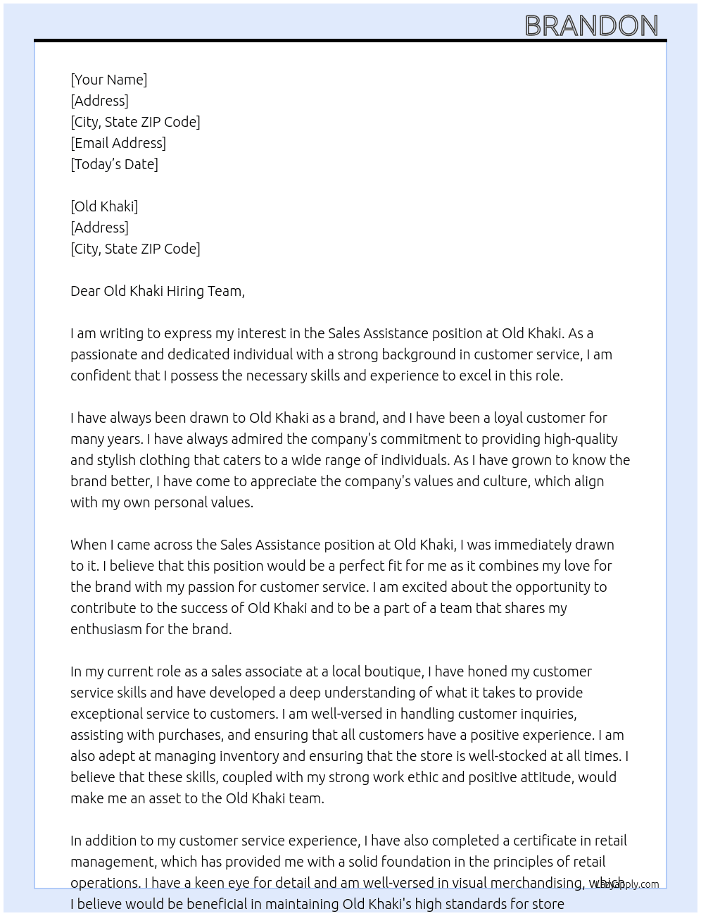 Sales Assistance  At Old Khaki  Cover Letter