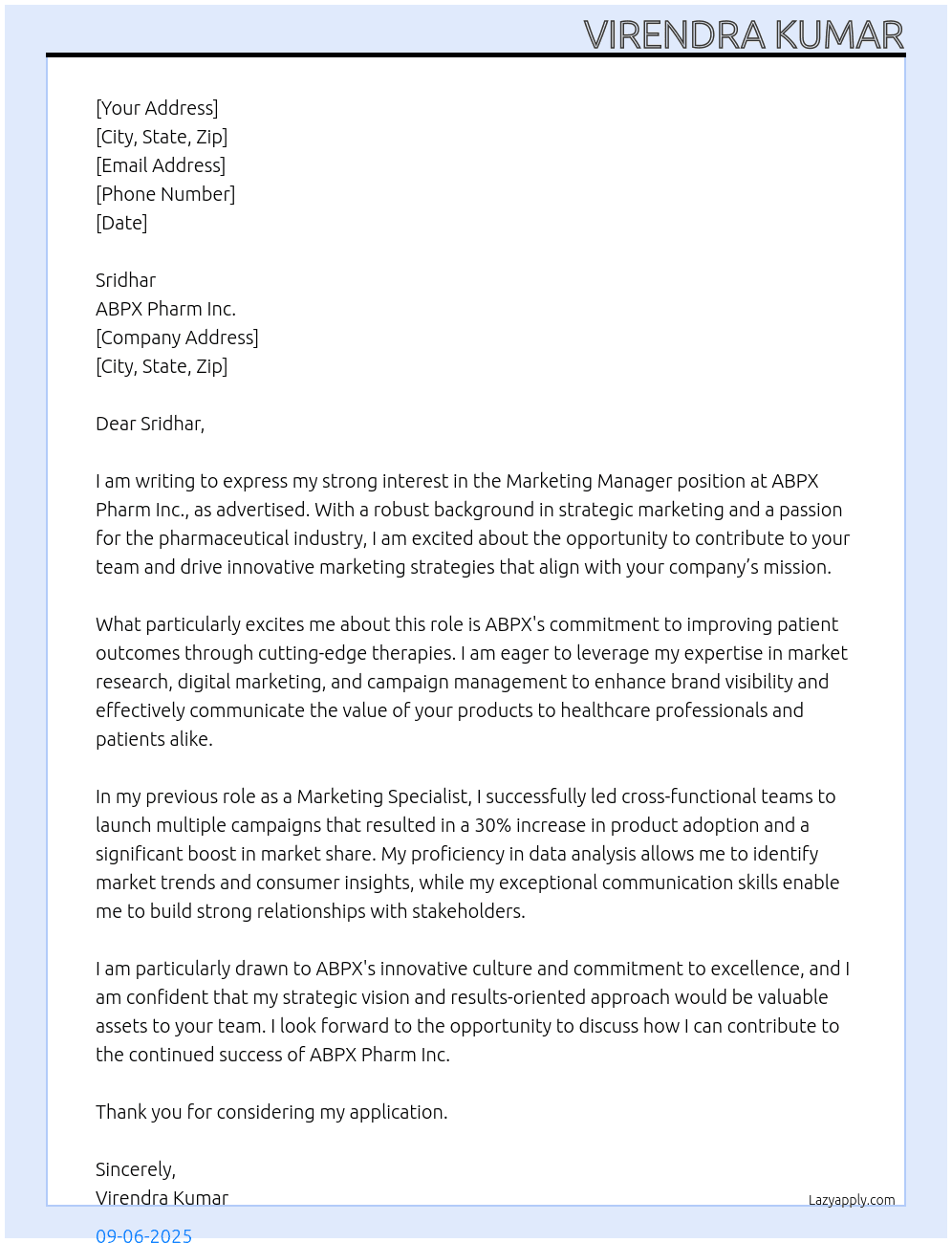 marketing manager At abpx pharm inc Cover Letter