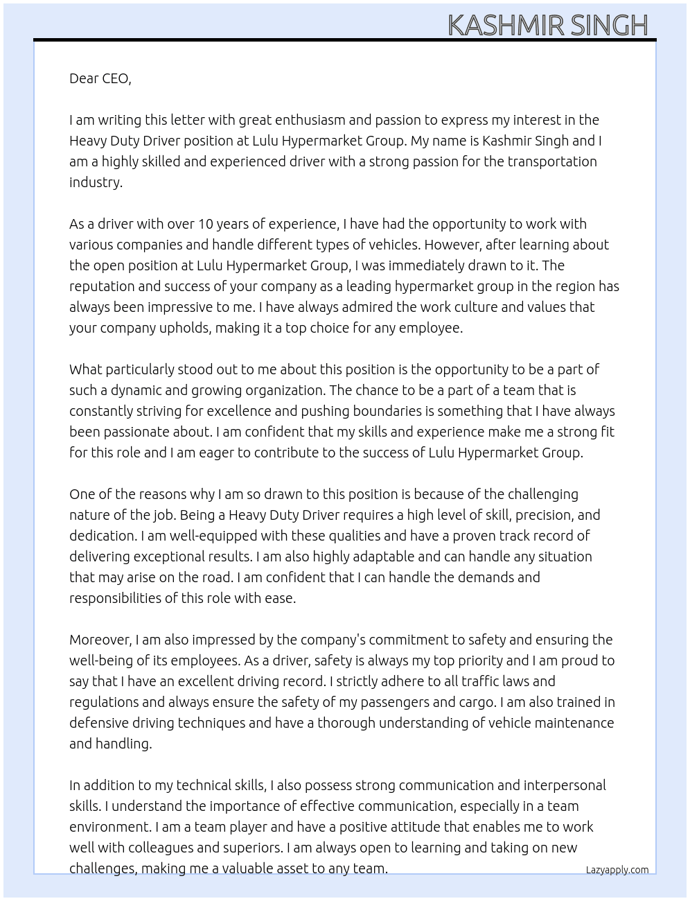 Heavy duty driver  At Lulu hypermarket group  Cover Letter