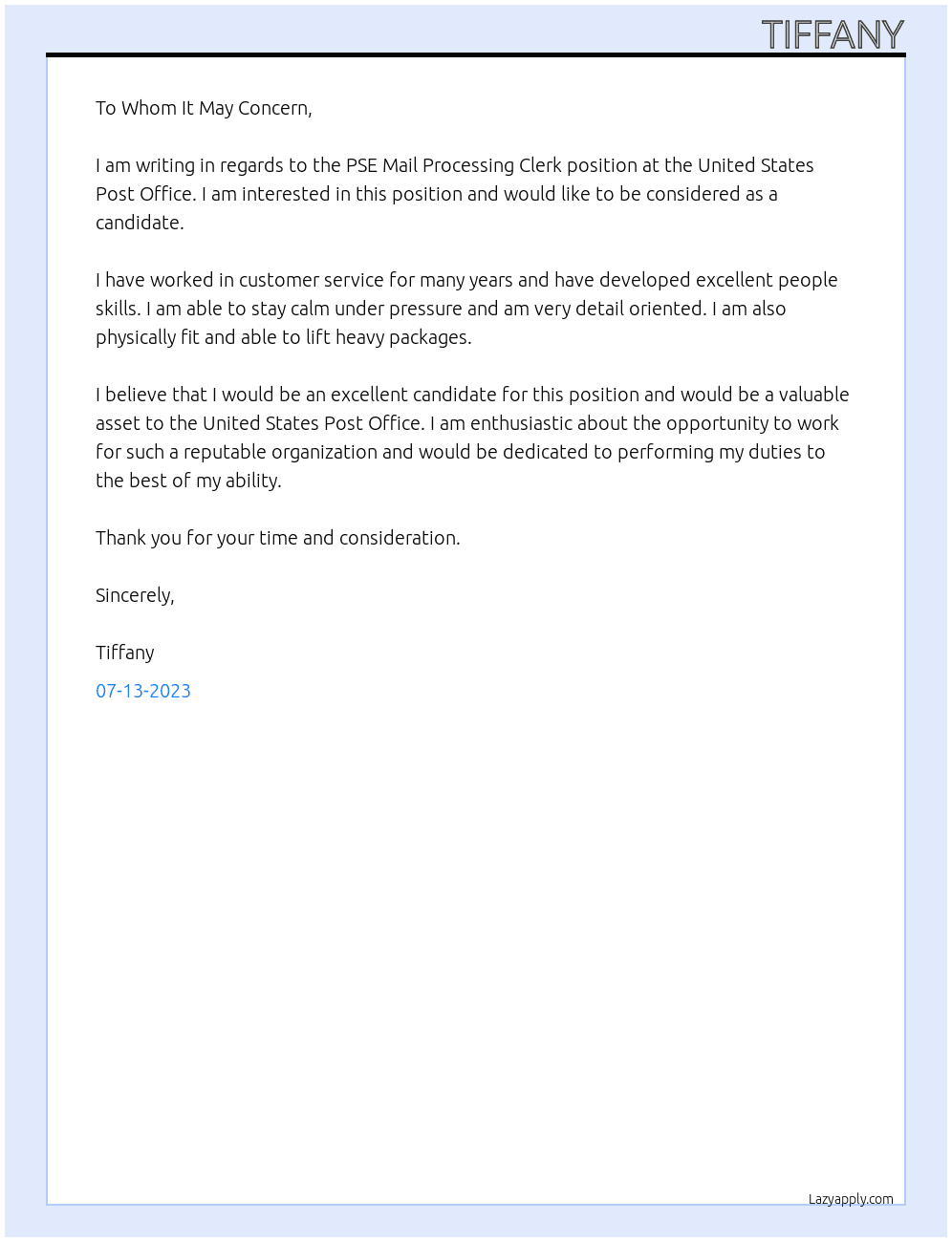 PSE Mail Processing Clerk At United States Post Office Cover Letter