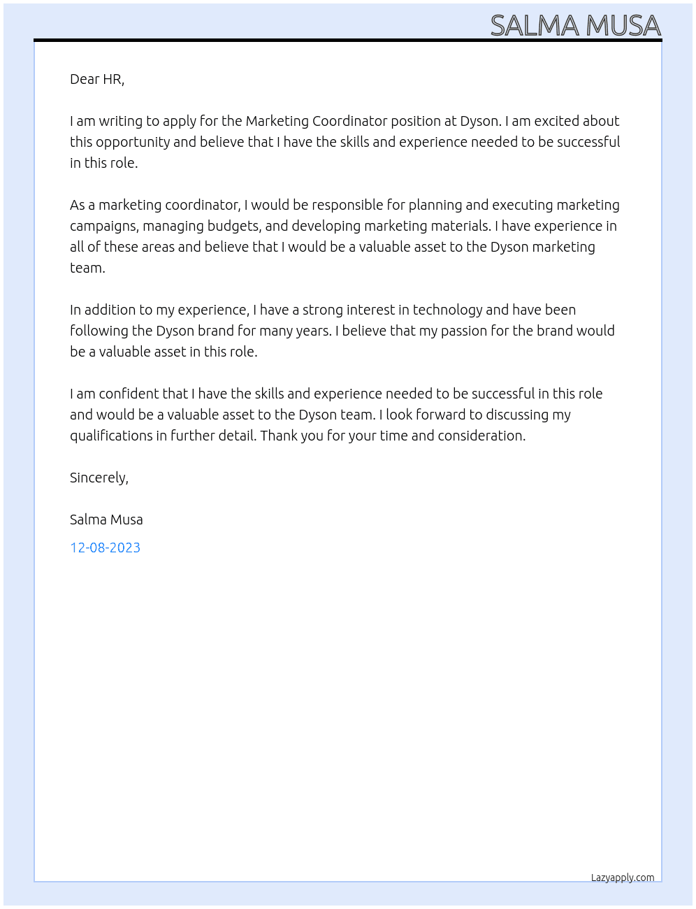Marketing Coordinator At Dyson Cover Letter