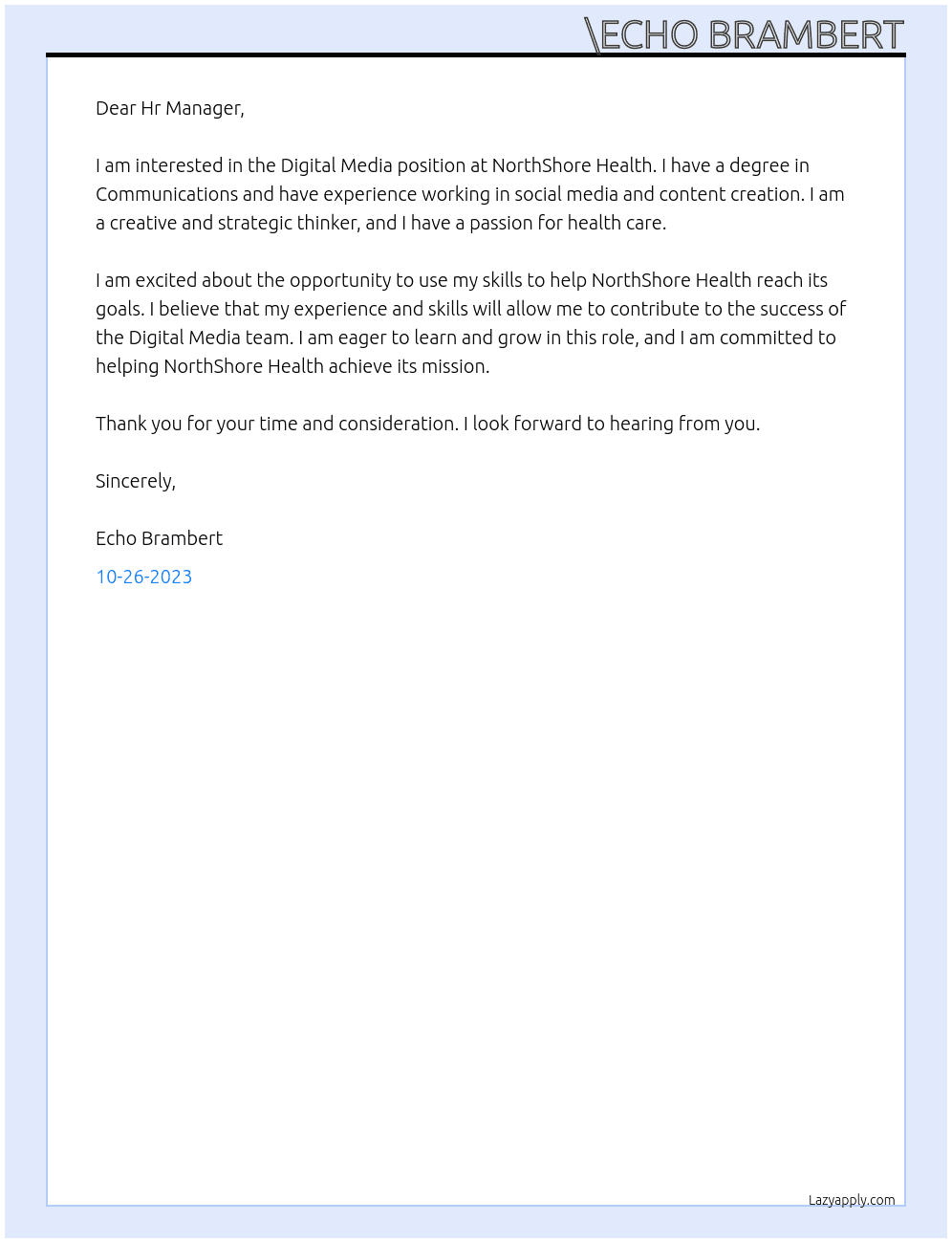 Digital Media At NorthShore Health Cover Letter