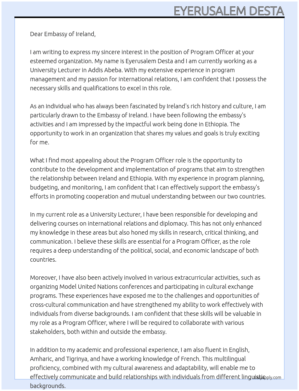 Programm Officer At Embassy of Ireland Cover Letter
