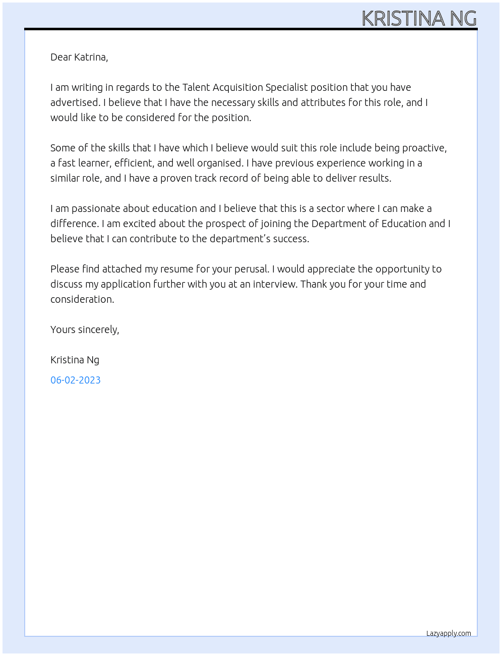 Talent Acquisition Specialist At Department of Education Cover Letter
