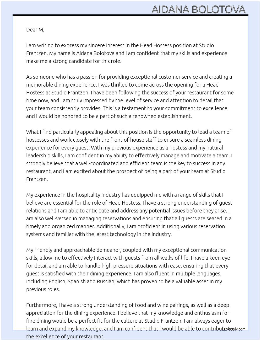 Head hostess At Studio Frantzen  Cover Letter