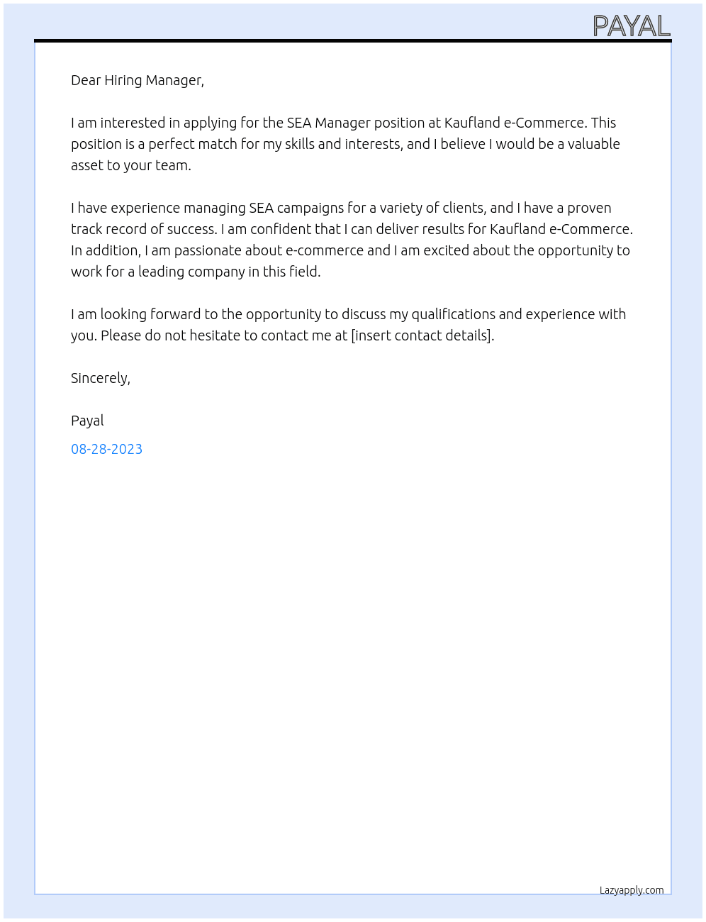SEA Manager At Kaufland e-Commerce Cover Letter