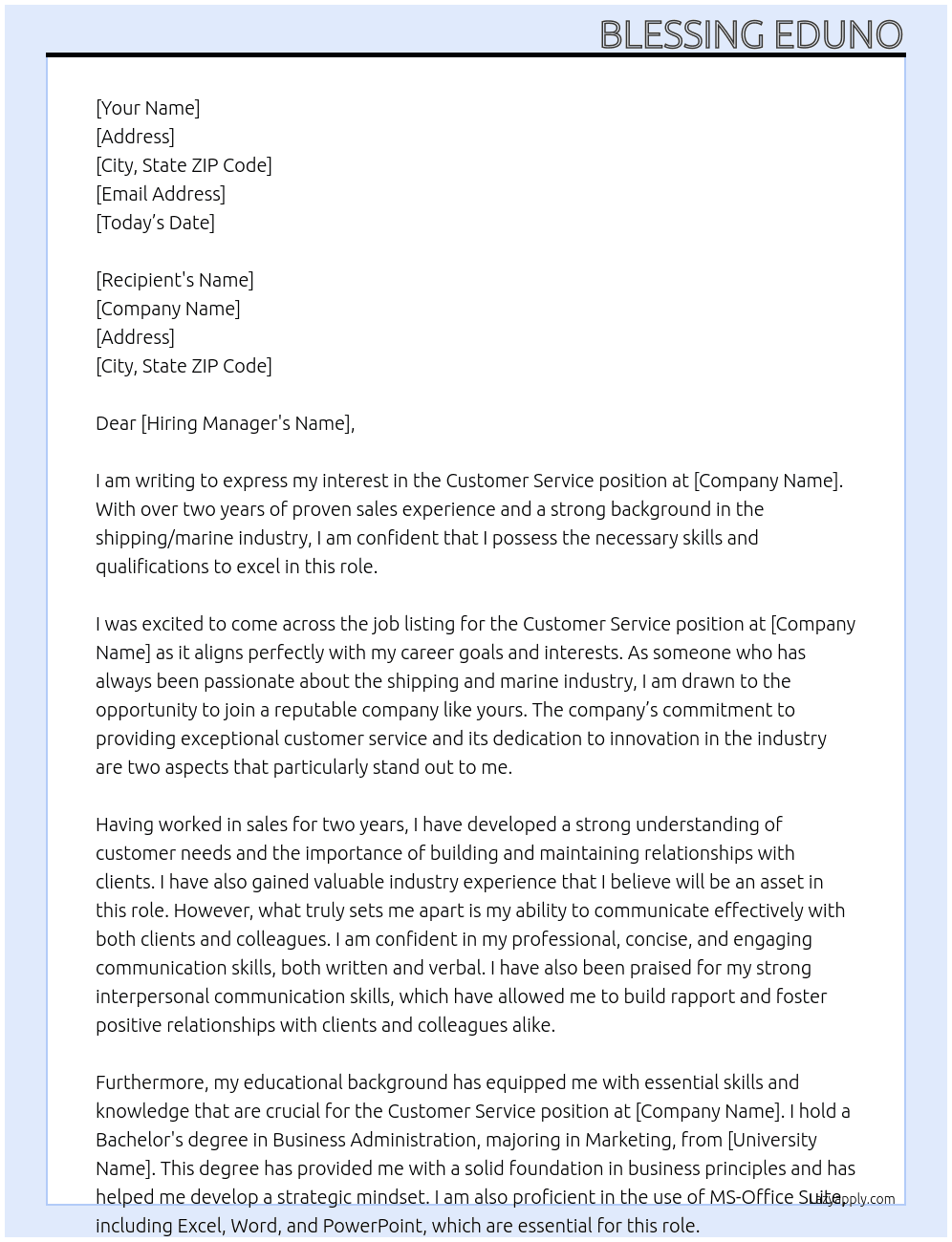 customer service At shipping/marine Cover Letter