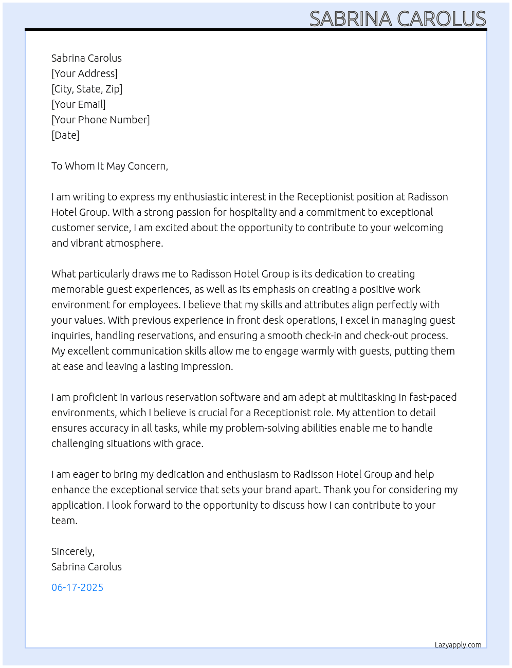 Receptionist At Radisson Hotel Group Cover Letter