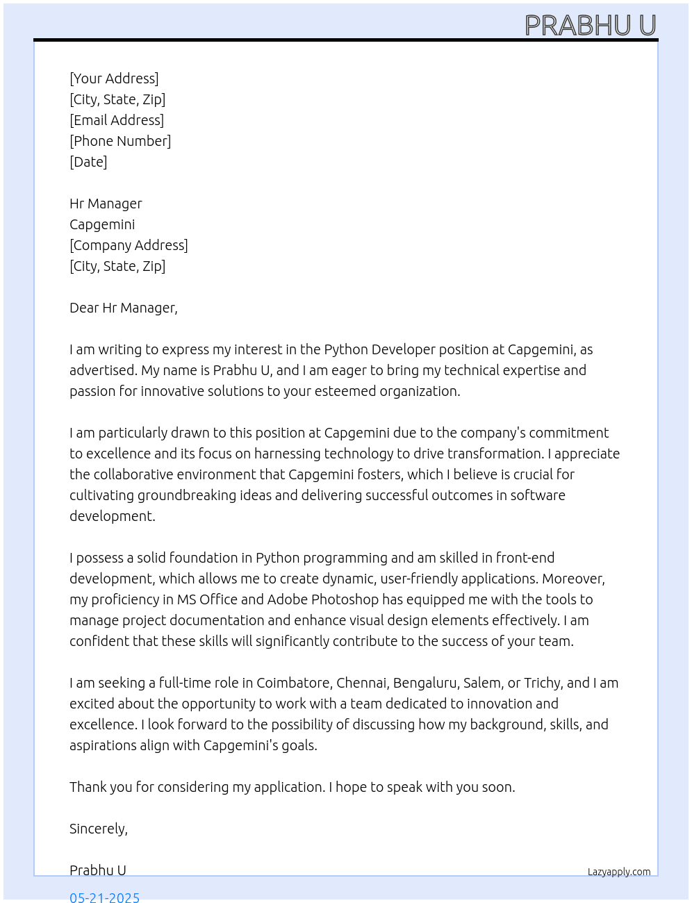 Python developer  At Capgemini  Cover Letter