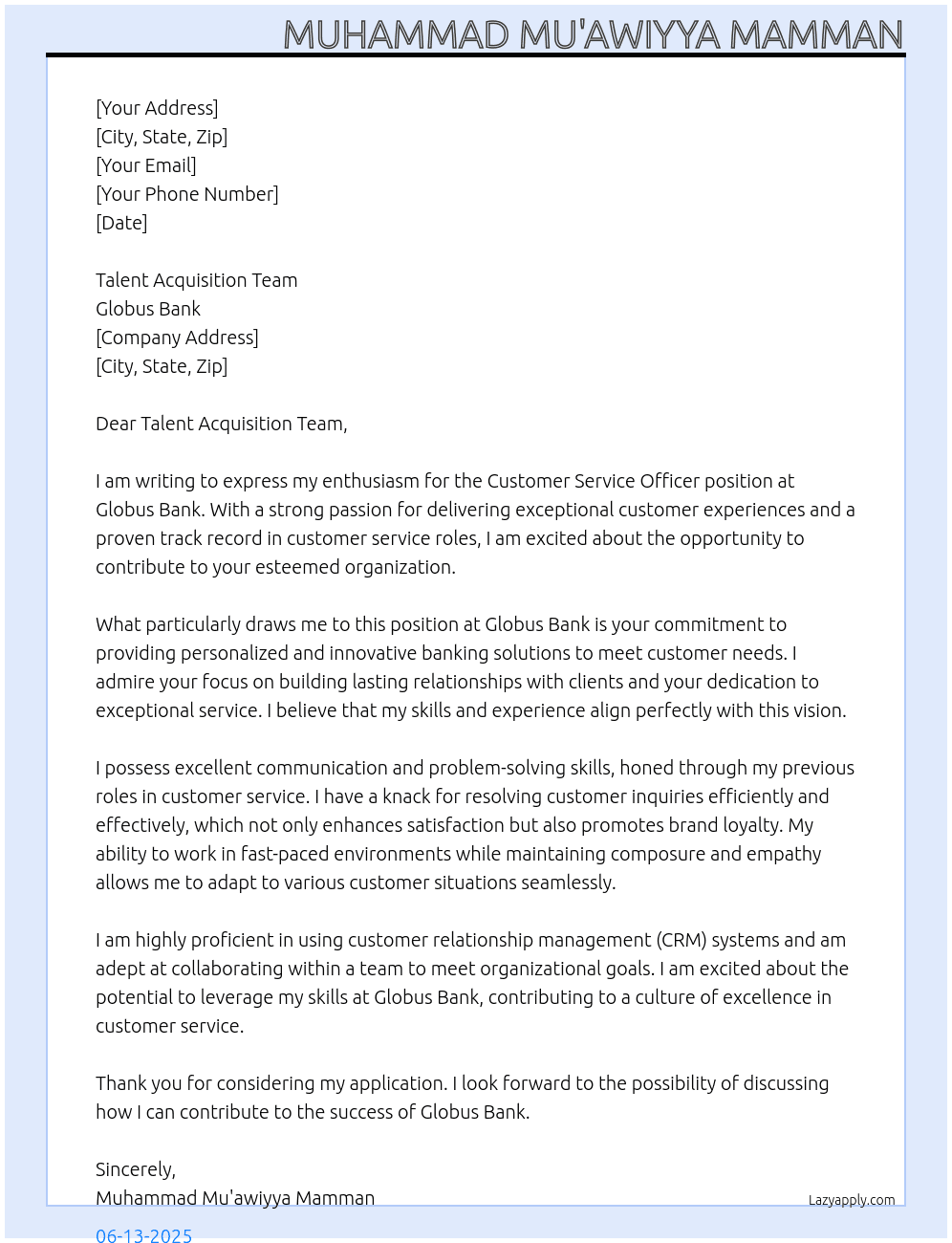 Customer Service Officer At Globus Bank Cover Letter
