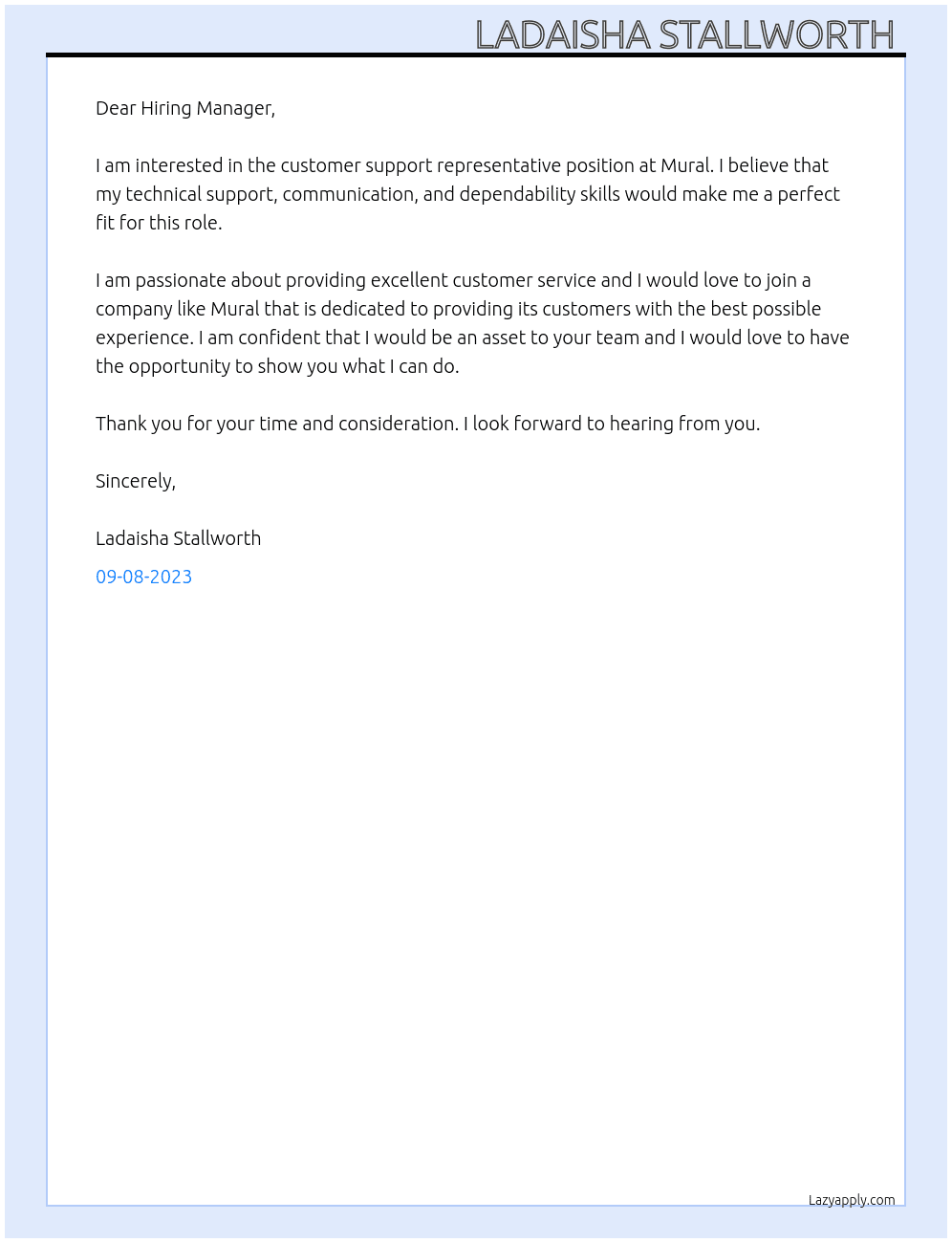 Customer support representative  At Mural Cover Letter