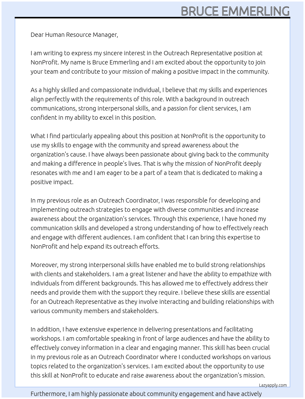 Outreach Representative At NonProfit Cover Letter