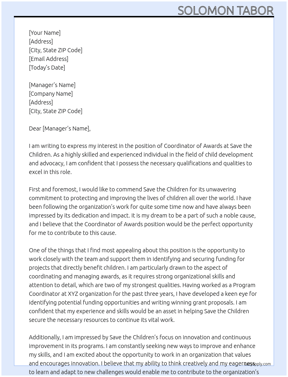 coordinator awards At Save the Childreen Cover Letter