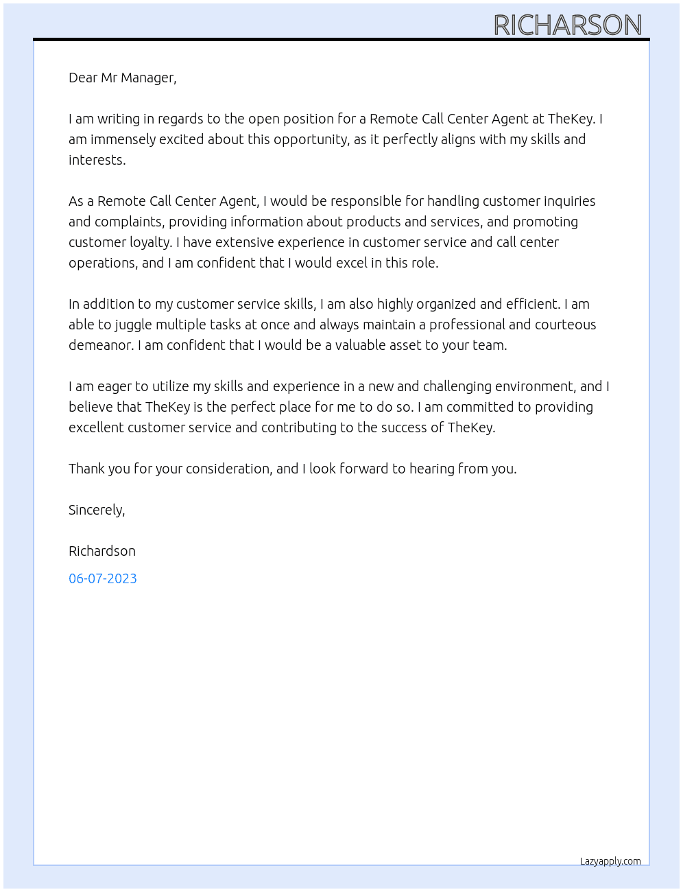 Remote Call Center Agent At TheKey Cover Letter