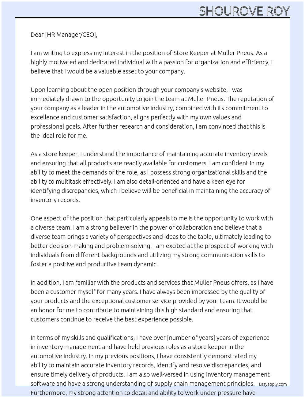 store keeper At Muller Pneus Cover Letter
