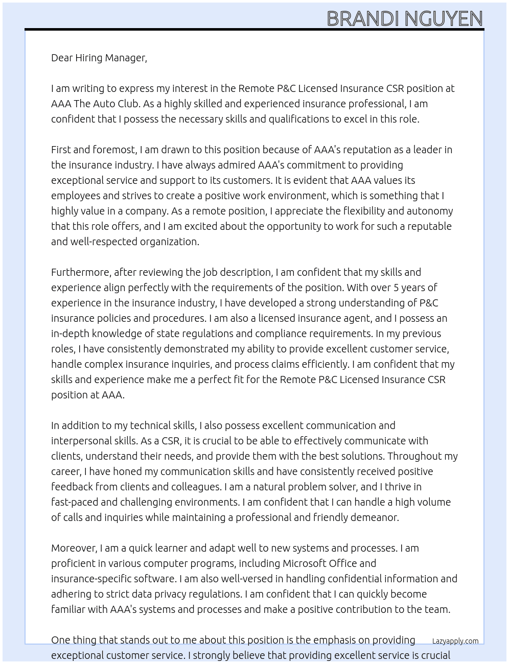 Remote P&C Licensed Insurance CSR At AAA The Auto Club Cover Letter