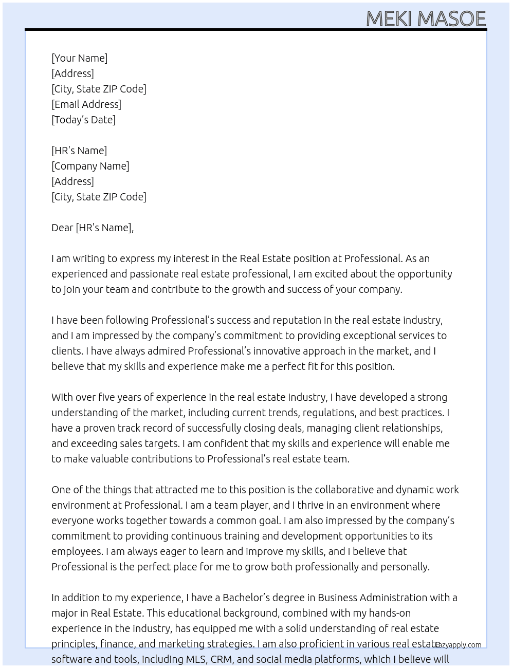 real estate At professional Cover Letter