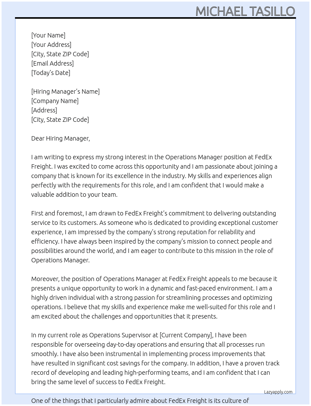 Operations Manager At FedEx Freight Cover Letter
