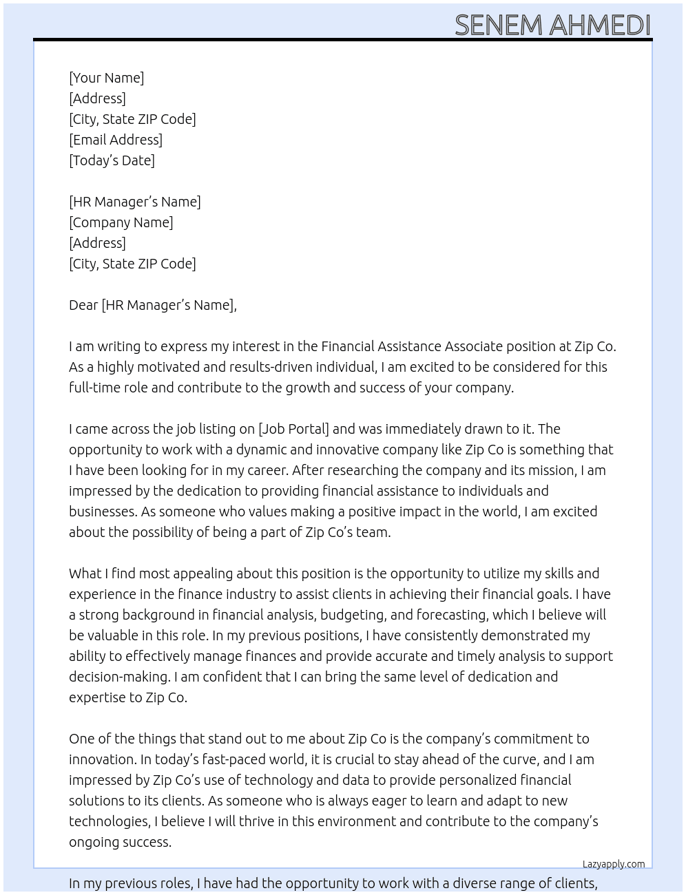 Financial Assistance Associate At Zip Co Cover Letter