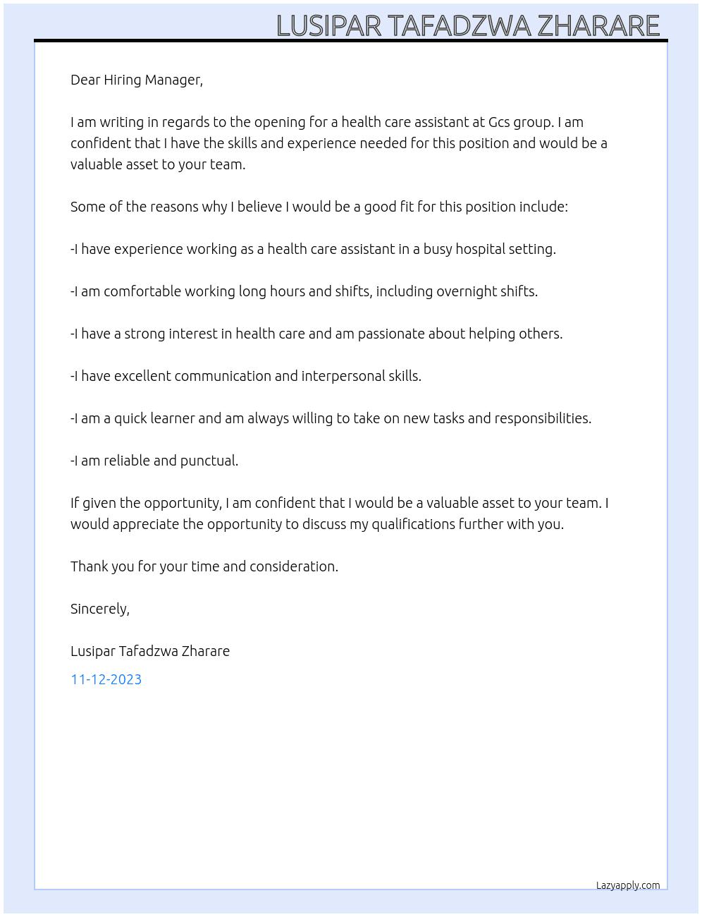 Health care assistant  At Gcs group  Cover Letter