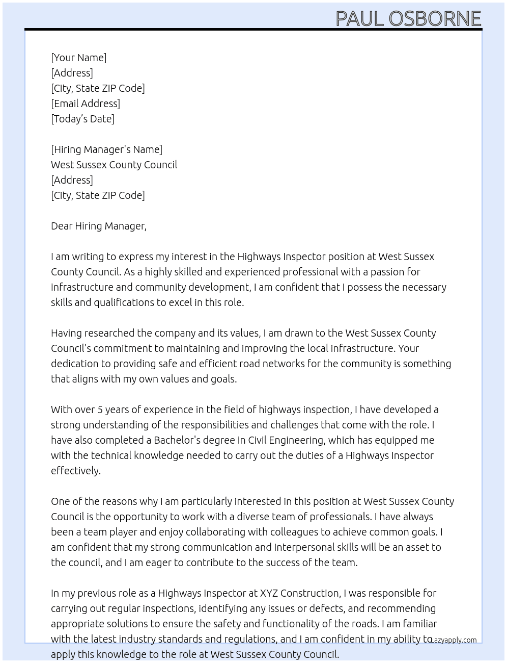 Highways Inspector At West Sussex County Council Cover Letter