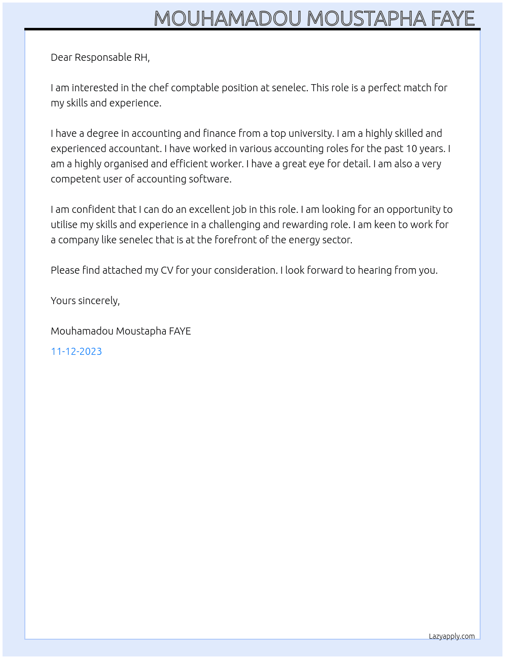 chef comptable At senelec Cover Letter