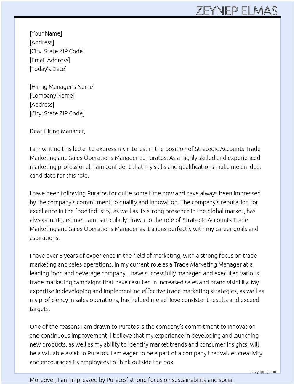 Strategic Accounts Trade Marketing and Sales Operations Manager At Puratos Cover Letter