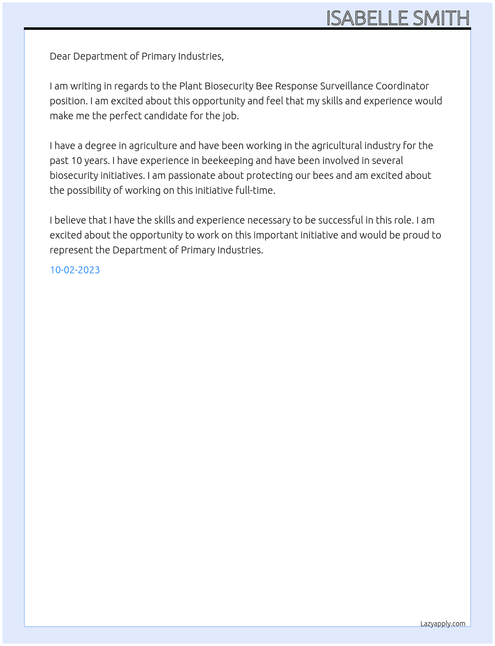 Plant Biosecurity Bee Response Surveillance Coordinator At Department of Primary Industries  Cover Letter