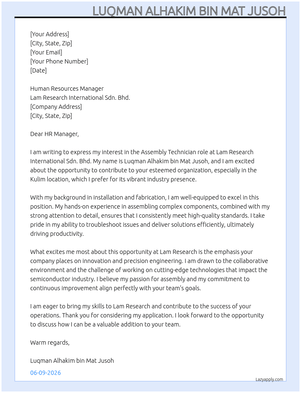 Cover letter for assembler - LazyApply