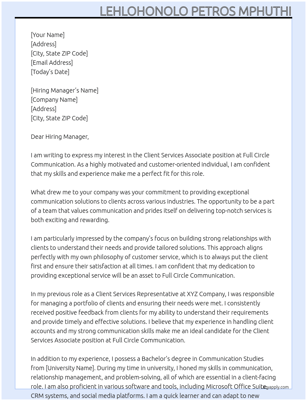 Client Services Associate At Full Circle Communication  Cover Letter