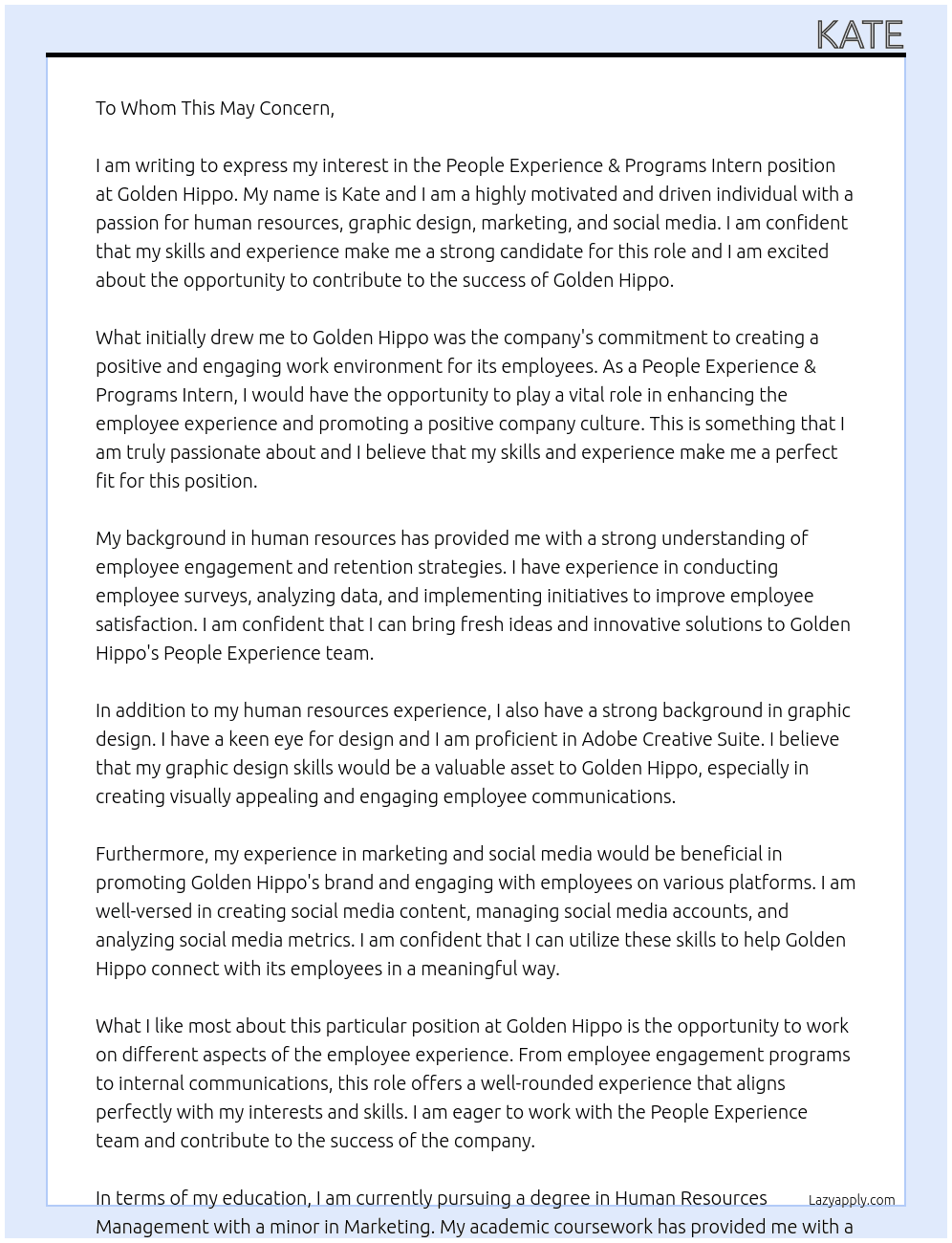 People Experience & Programs Intern At Golden Hippo Cover Letter