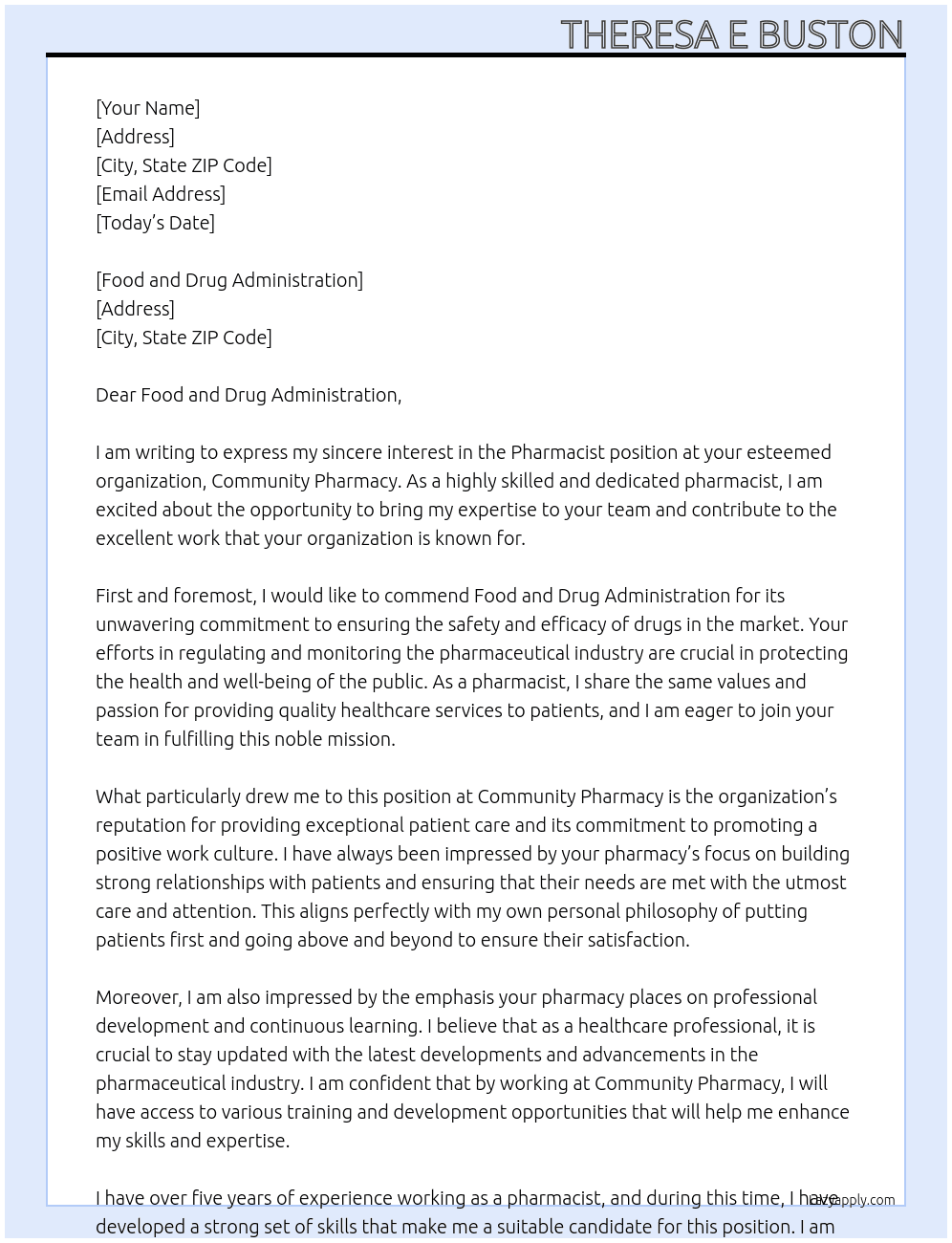 Pharmacist At Community pharmacy Cover Letter