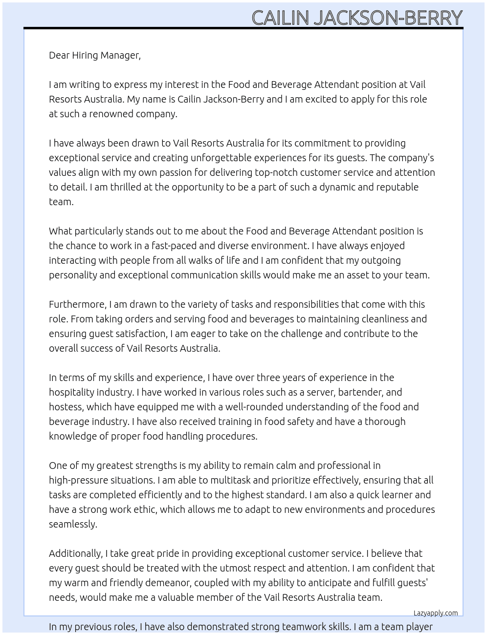 Food and Beverage Attendant At Vail Resorts Australia Cover Letter