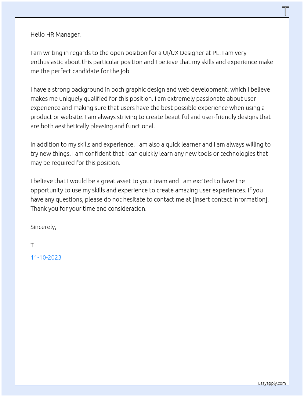 ui ux designer At PL Cover Letter