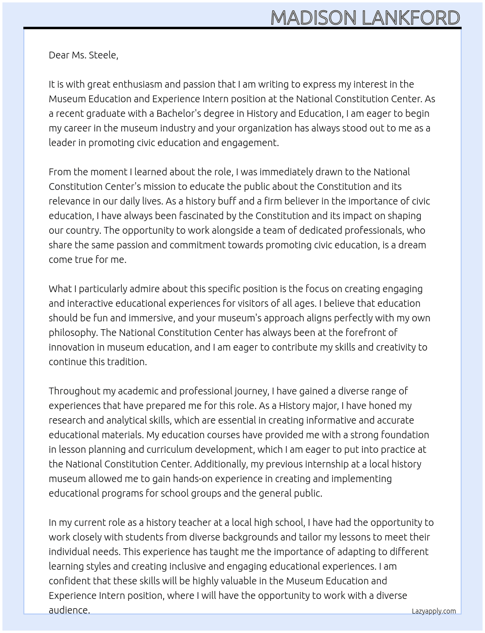 Museum education and experience intern At National Constitution Center Cover Letter