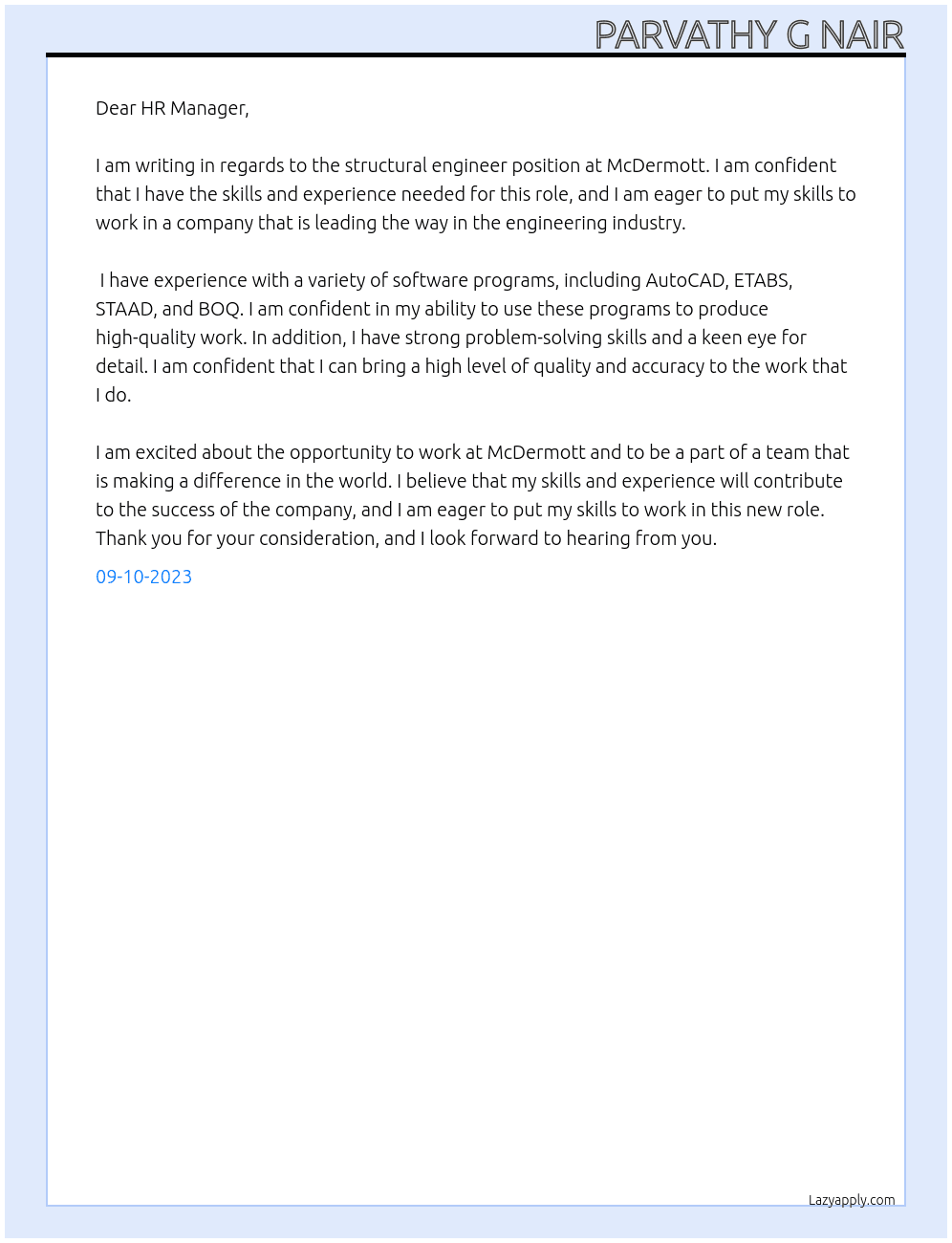 structural engineer At McDermott Cover Letter