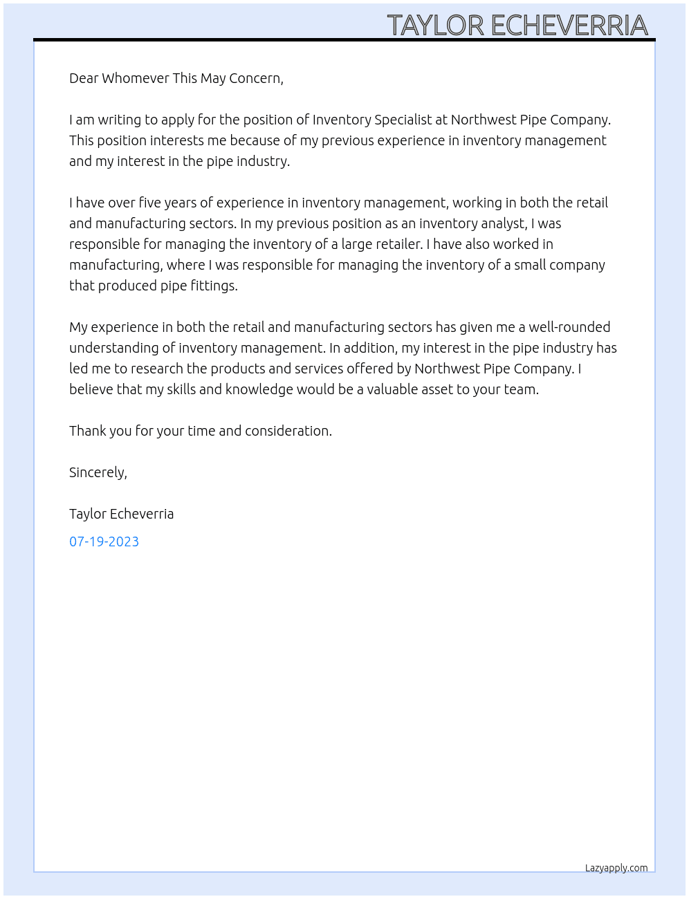 Inventory Specialist  At Northwest Pipe Company  Cover Letter