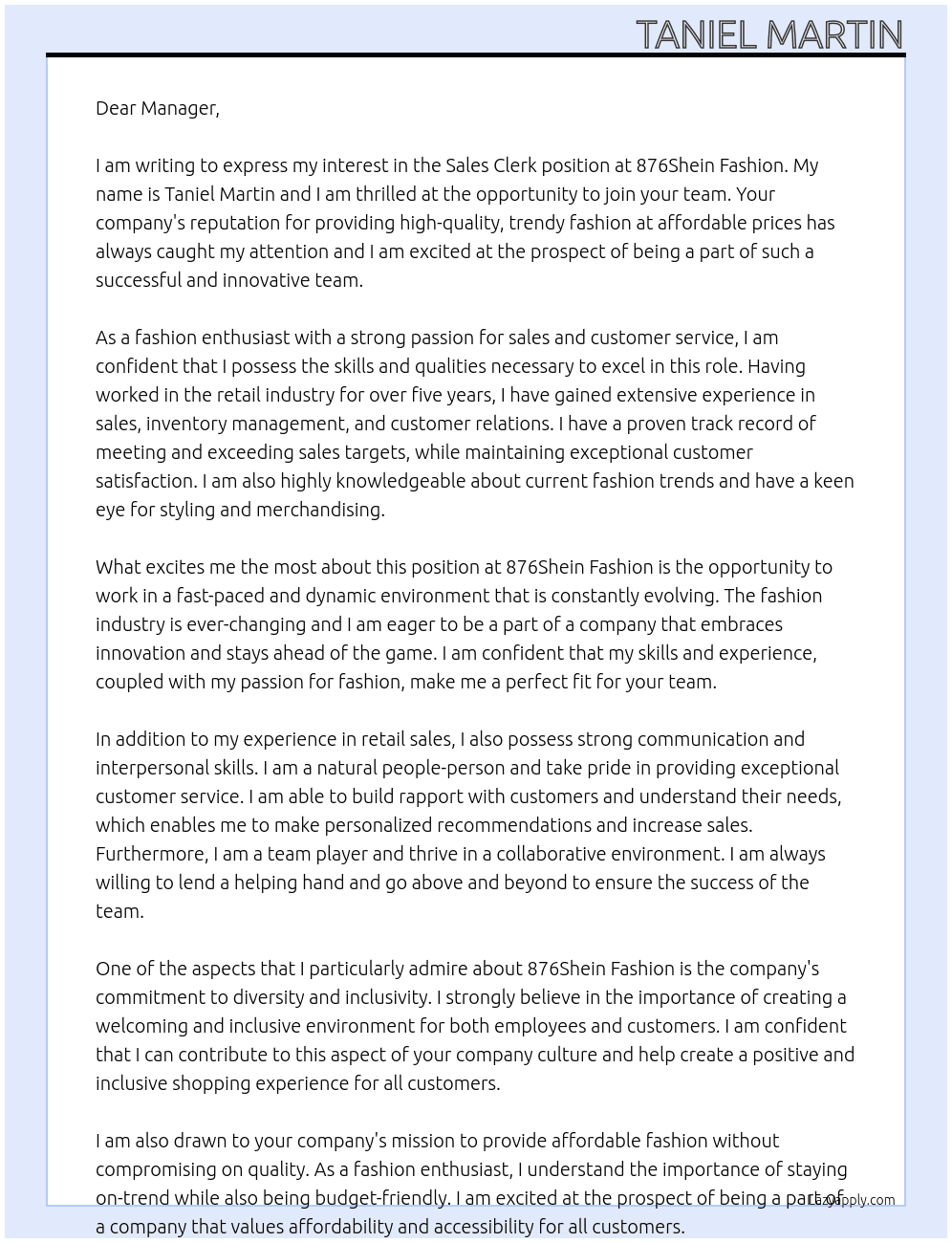 Sales Clerk At 876Shein Fashion Cover Letter