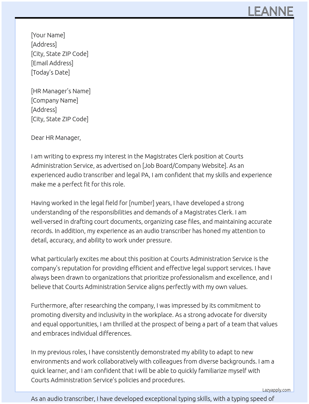 magistrates clerk At courts administration service Cover Letter