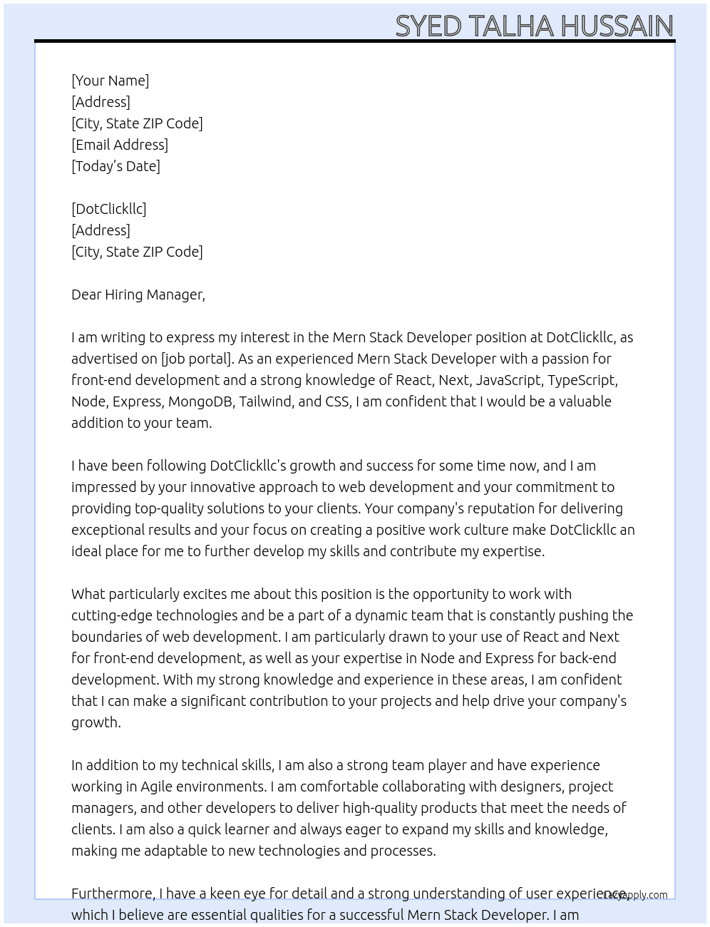 Mern Stack Developer At DotClickllc Cover Letter