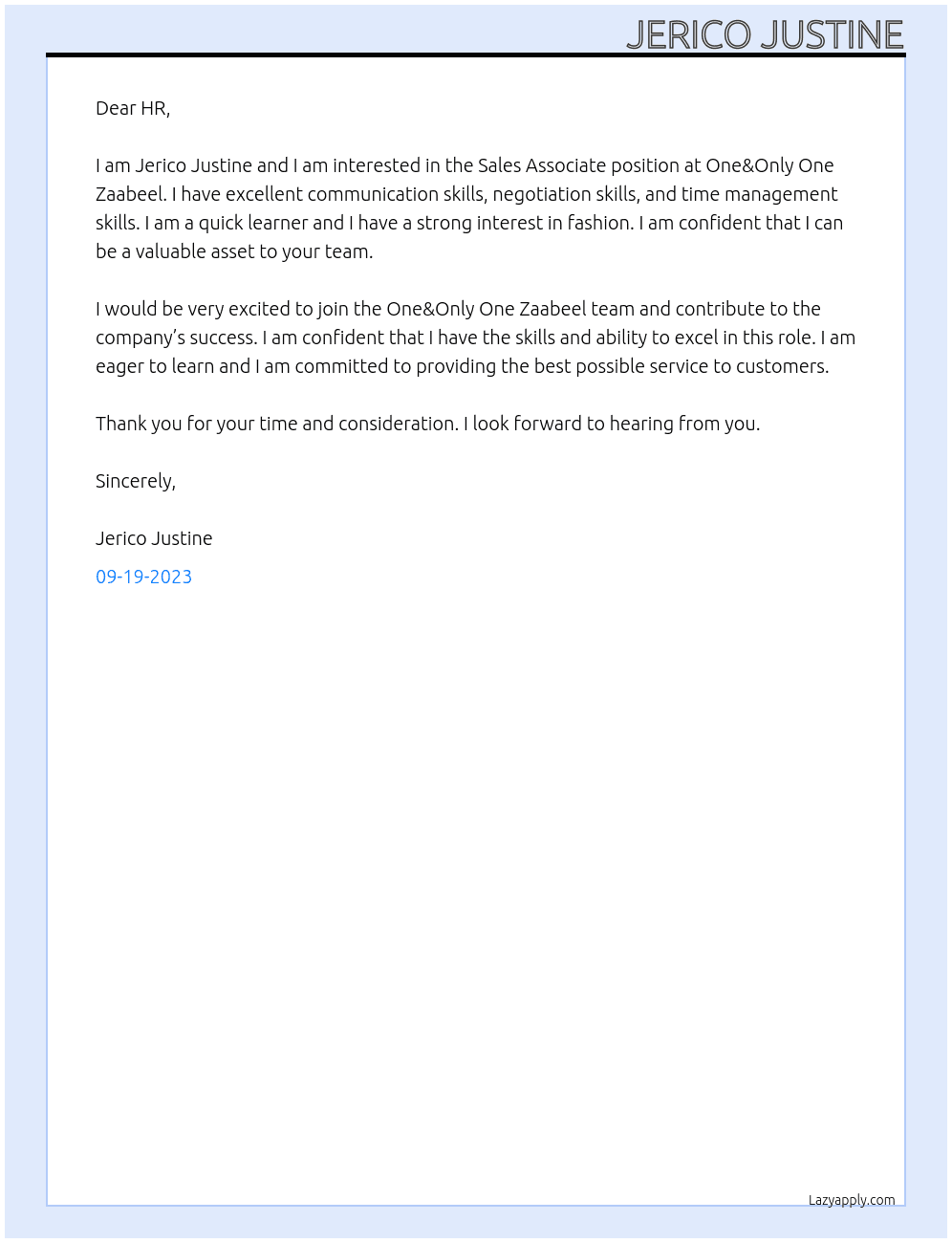 Sales Associate At One&Only One Zaabeel Cover Letter