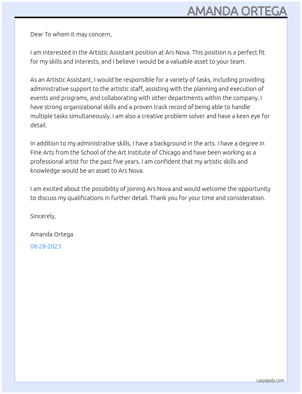 Artistic Assistant At Ars Nova Cover Letter