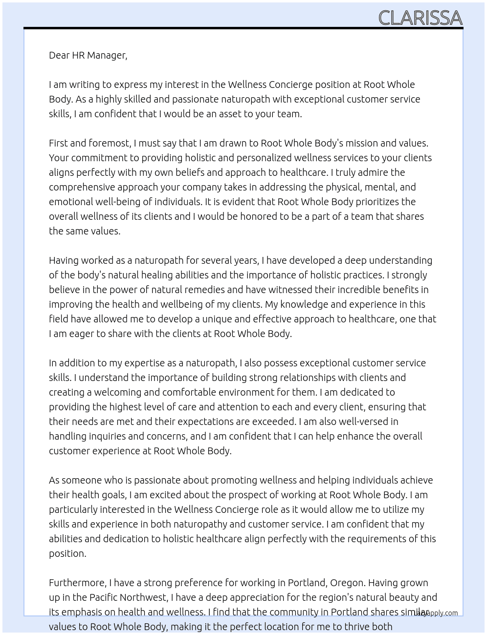Wellness Concierge At Root whole body  Cover Letter