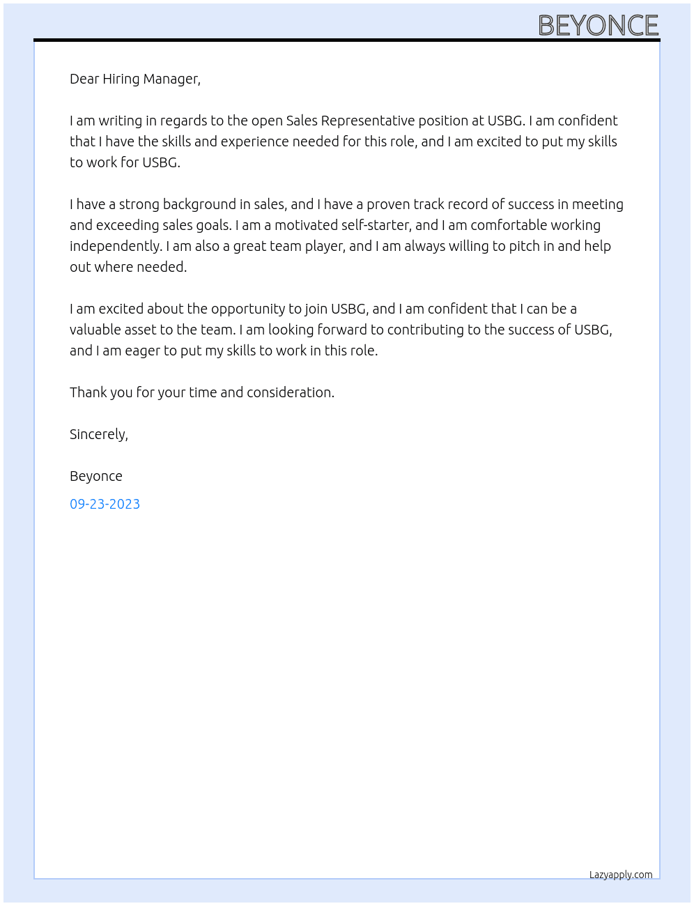 sales representative At usbg Cover Letter