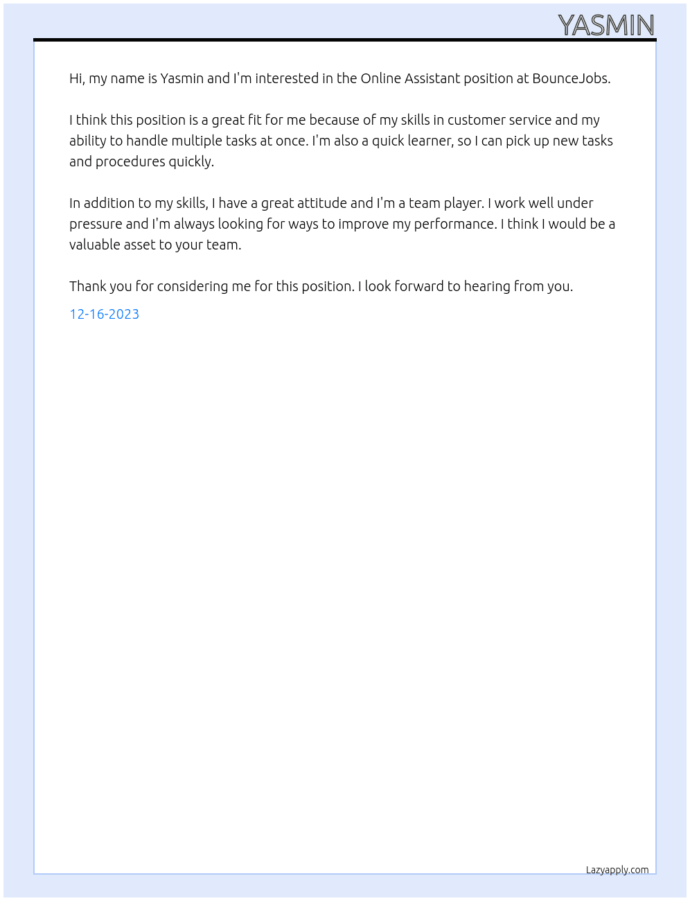 Online Assistant At BounceJobs Cover Letter